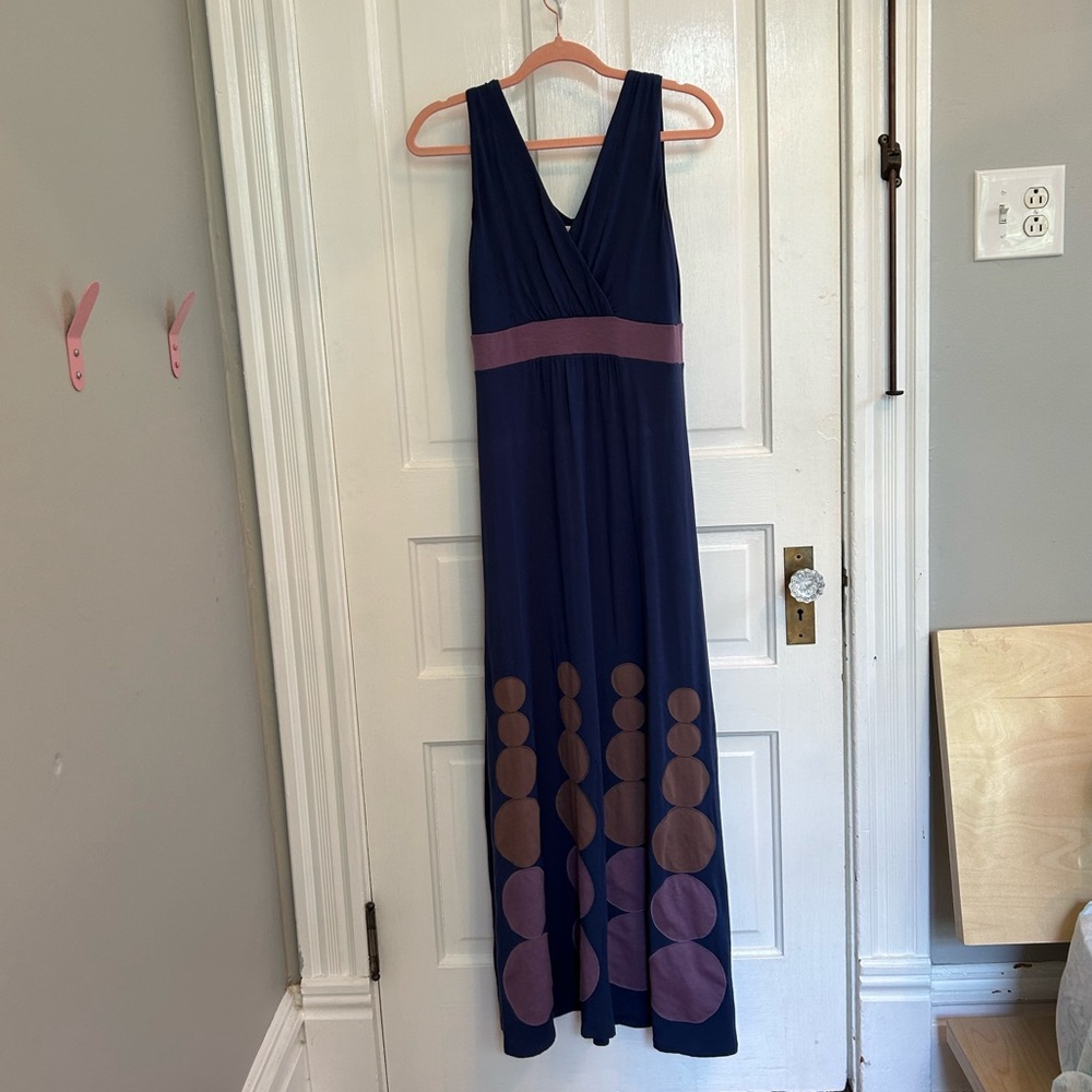 Boden maxi dress, blue with beige and purple appliqué details.